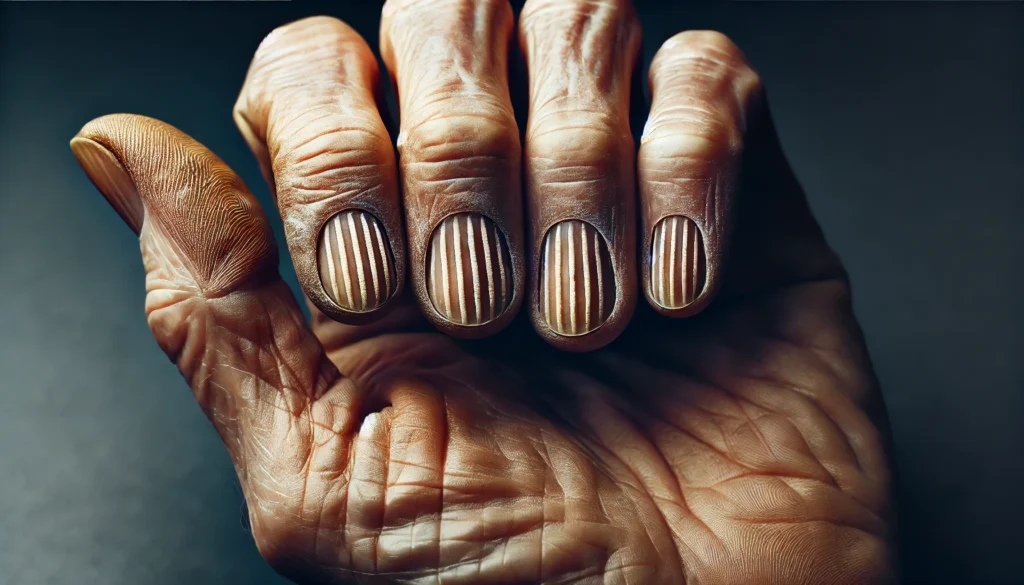 A close-up of an elderly person's hand showing severe signs of arsenic poisoning. The fingernails have multiple white horizontal bands (Mees' lines), appearing brittle and slightly ridged. The surrounding skin looks dry and unhealthy, with moody lighting enhancing the details of the condition.