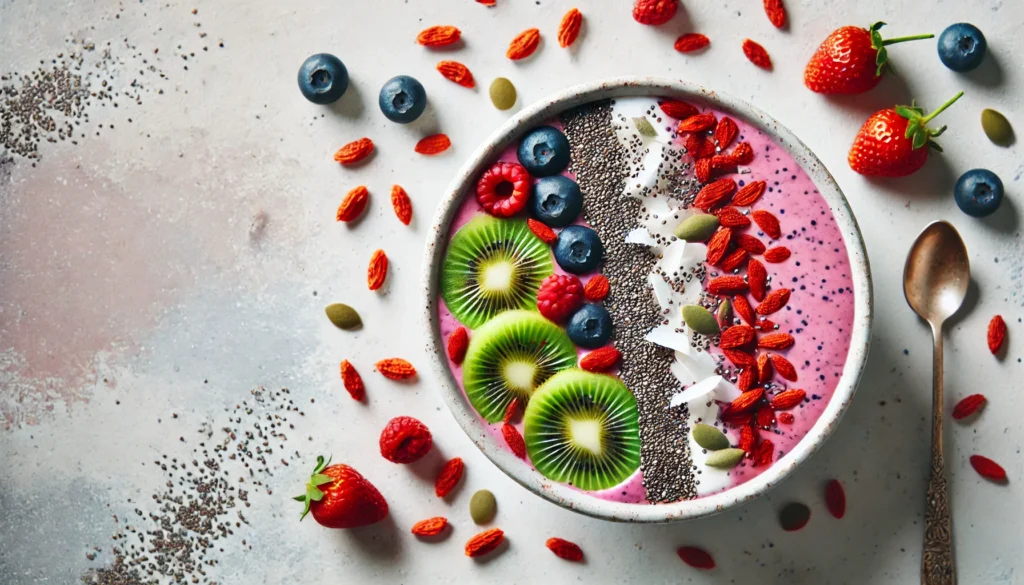 A top-down view of a pink berry smoothie bowl topped with sliced kiwi, chia seeds, goji berries, and coconut flakes, presented on a light-colored minimalistic background.