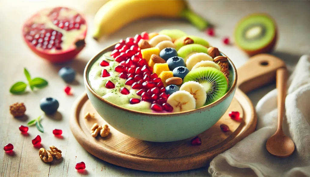 A refreshing smoothie bowl made with skin-clearing fruits, including blended mango, banana, and berries, topped with pomegranate seeds, kiwi slices, and nuts. The bowl is placed on a light wooden surface, with soft natural lighting emphasizing the vibrant colors and fresh textures.