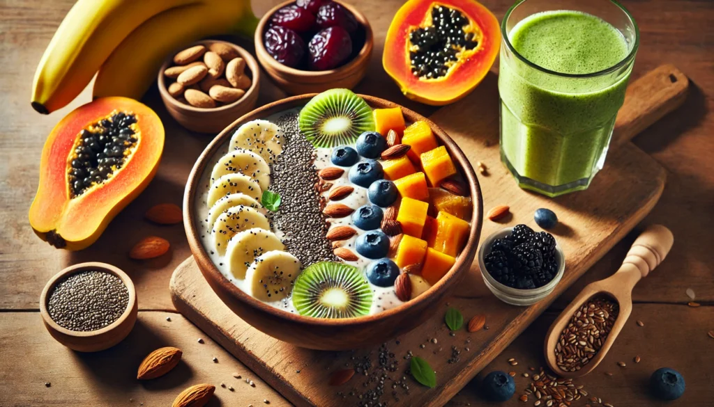 A refreshing smoothie bowl made with blended papaya, banana, and yogurt, topped with chia seeds, flaxseeds, and fresh berries. A fiber-rich green smoothie and digestive-friendly foods like kiwi, prunes, and almonds surround it on a wooden surface.