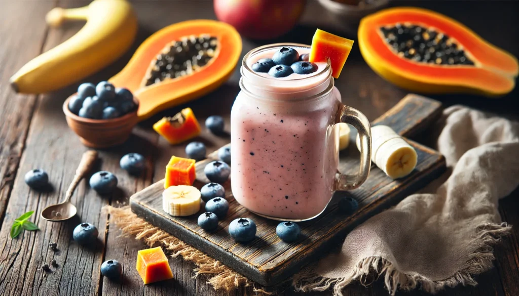 A fresh fruit smoothie made with bananas, blueberries, and papaya, served in a glass jar and garnished with fruit, placed on a rustic wooden surface with scattered ingredients around it.