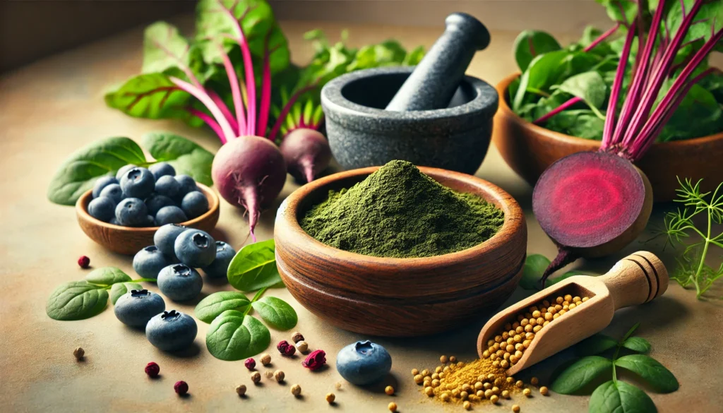 A wooden bowl filled with chlorella powder, surrounded by detoxifying foods including wild blueberries, beets, and leafy greens. A mortar and pestle with crushed coriander seeds and fresh ginger rest nearby, all set in a softly lit cleansing atmosphere.