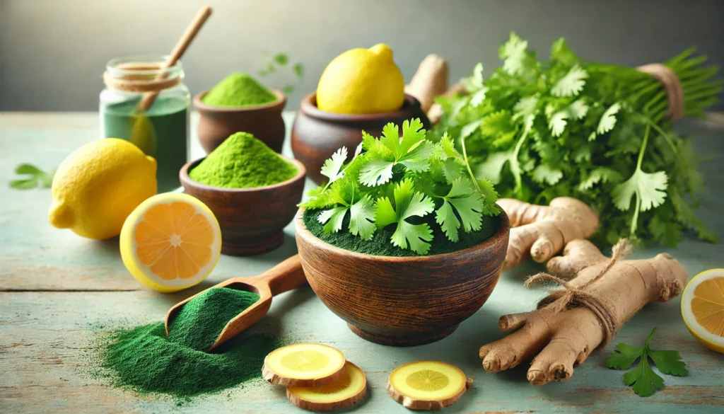 A wooden bowl filled with fresh cilantro leaves, surrounded by detoxifying superfoods such as spirulina powder, ginger, and lemon slices. A wooden spoon with chlorella powder rests beside it, symbolizing heavy metal detox. The softly lit background creates a fresh and natural ambiance.