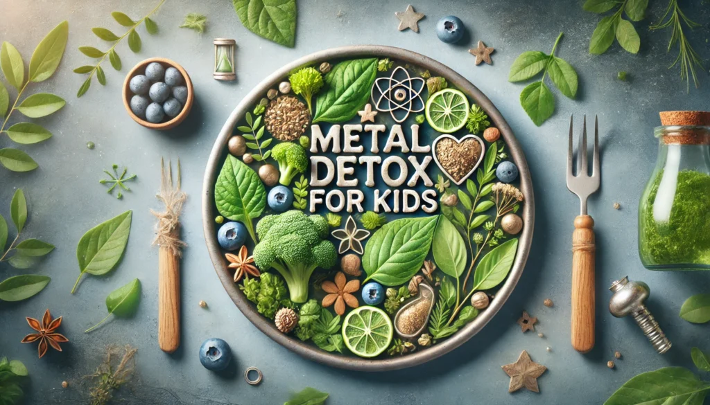 A calming, nature-inspired representation of metal detox for children, featuring fresh detoxifying ingredients like leafy greens, blueberries, and herbal remedies. A soft glow and pure, clean atmosphere emphasize health, purification, and toxin removal.