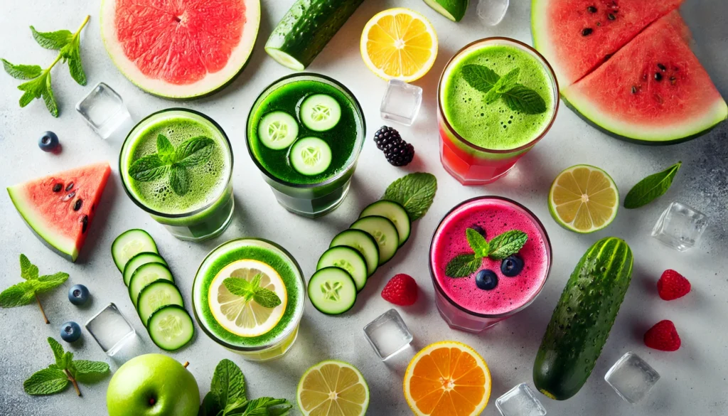 A top-down view of colorful weight-loss juices served in glass tumblers, featuring green detox juice, watermelon-cucumber juice, lemon-ginger juice, and berry smoothie. Fresh mint, sliced fruits, and ice cubes decorate the modern white surface.