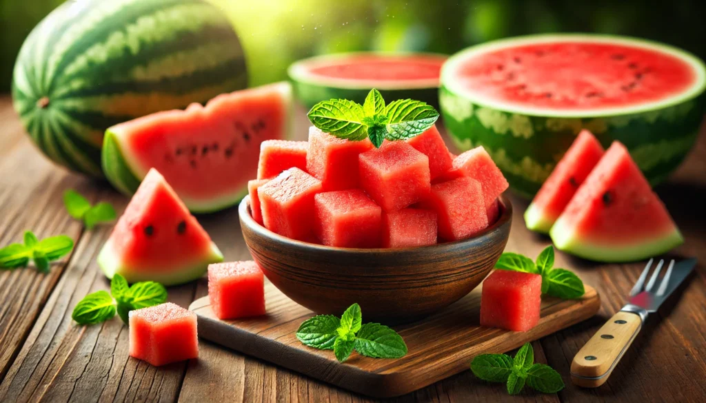 A bowl of freshly cut watermelon cubes with a sprig of mint on top, placed on a wooden table. Whole and sliced watermelon pieces surround the bowl. Soft natural lighting highlights the juicy and hydrating quality of the fruit, with a blurred outdoor background.