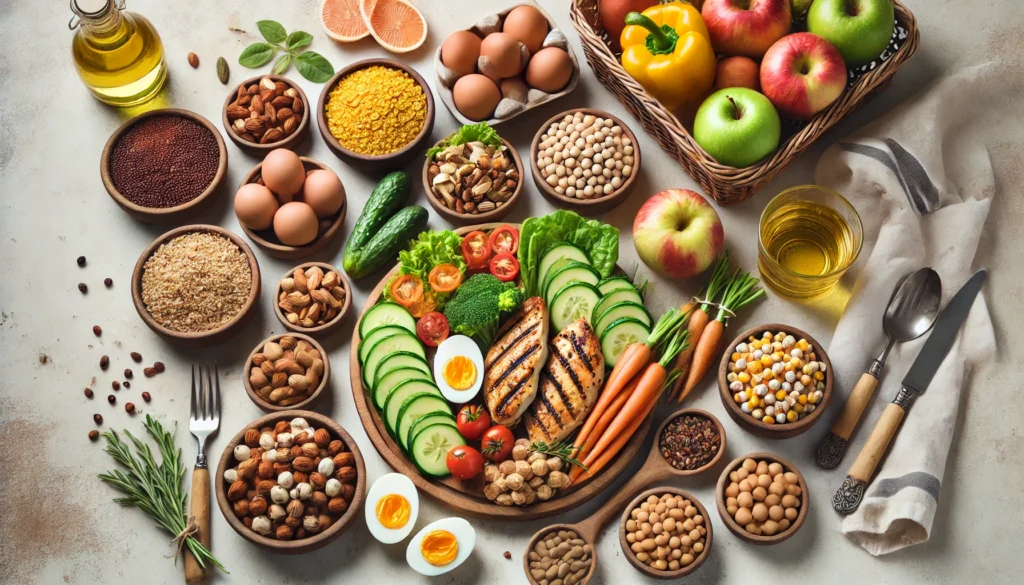 A beautifully arranged meal prep setup featuring non-processed, whole foods like grilled chicken, fresh vegetables, boiled eggs, nuts, and legumes. Wooden bowls filled with quinoa, lentils, and chickpeas sit alongside a basket of fresh fruits on a light, neutral background.

