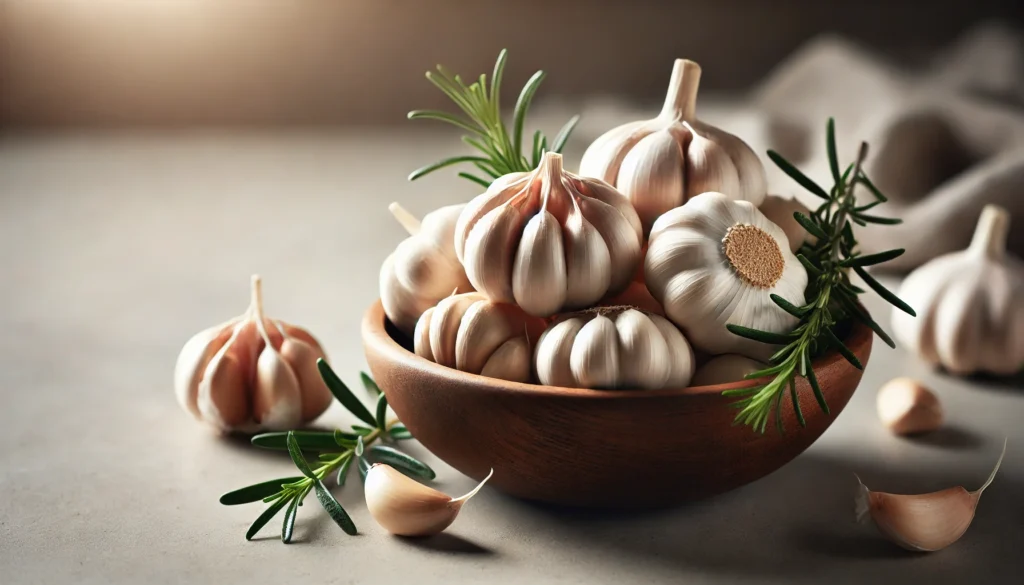 A beautifully arranged wooden bowl filled with fresh garlic cloves, some peeled and some whole, accompanied by sprigs of rosemary on a neutral-toned kitchen counter.