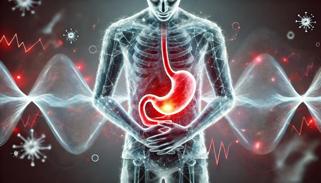 A conceptual image illustrating the sensation of stomach pain due to alcohol withdrawal. A semi-transparent human figure holds their abdomen with a glowing red pain area, while abstract waves symbolize cramping and nausea.