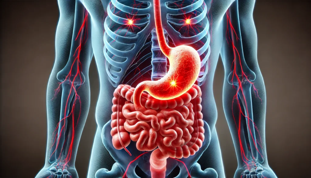 A 3D medical rendering of the human digestive system, highlighting stomach inflammation caused by alcohol withdrawal. The stomach lining appears irritated with red glowing areas indicating distress and pain.