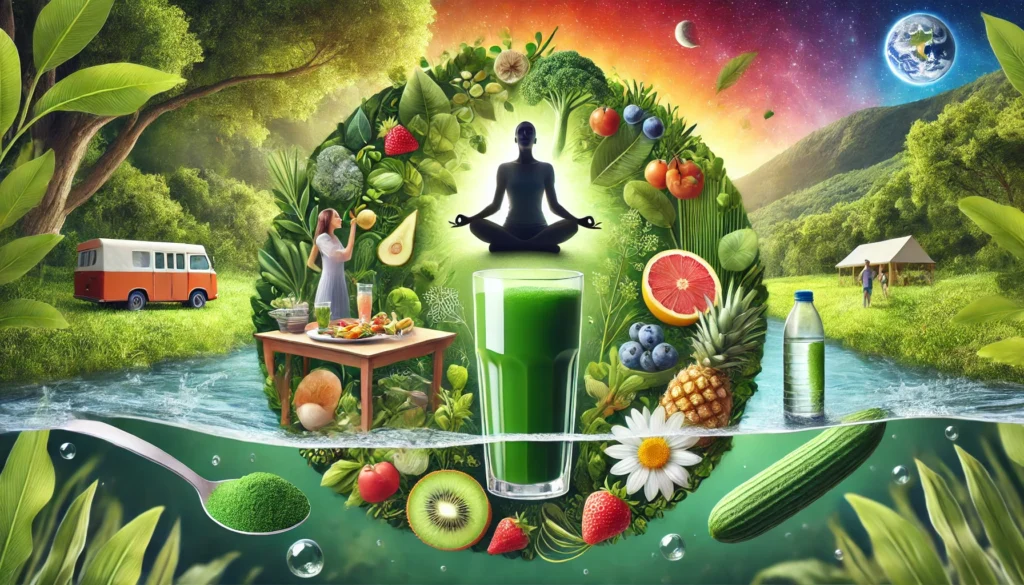 An artistic representation of natural detox support with Chlorella, featuring a person drinking water, eating fresh fruits and vegetables, and meditating outdoors in a lush green environment that symbolizes vitality and well-being.