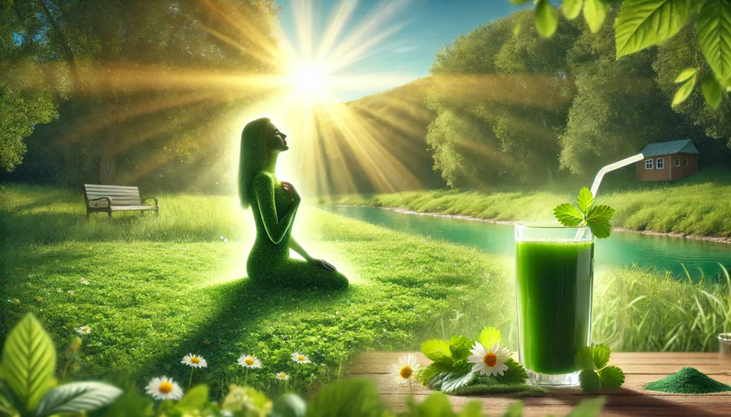 A peaceful and rejuvenating scene depicting the benefits of completing a Chlorella detox, showing a refreshed, energetic person in a sunlit green meadow, representing renewal, balance, and post-detox vitality.