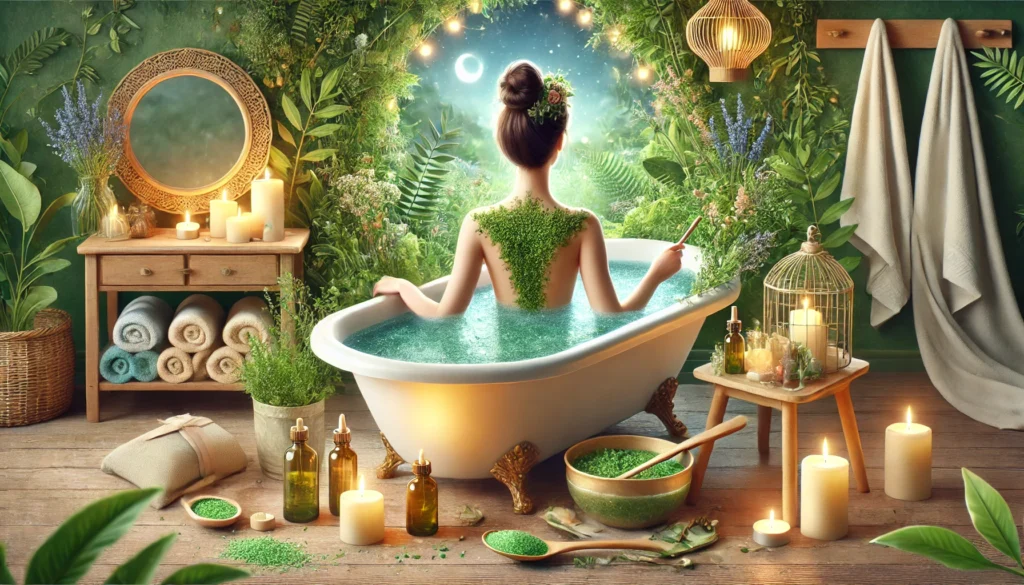 A serene depiction of holistic self-care during a Chlorella detox, showing a person in a soothing herbal bath with detoxifying ingredients like Epsom salt and essential oils. The tranquil spa-like setting, with soft candlelight and lush greenery, symbolizes relaxation and body support during detox.