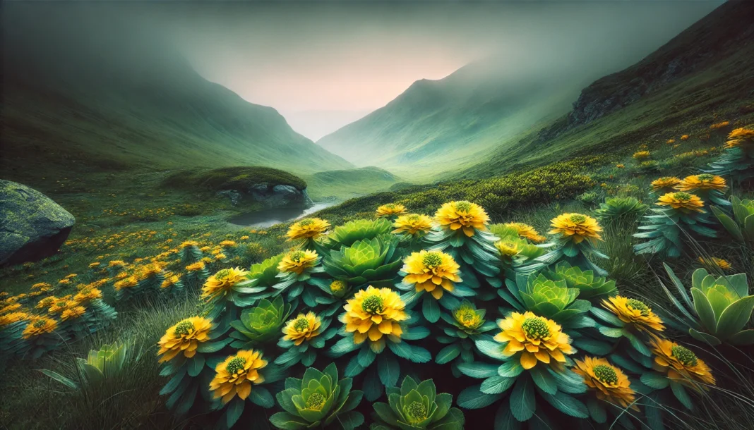 A serene landscape with Rhodiola Rosea plants growing in a lush alpine meadow, surrounded by misty mountains, evoking a sense of tranquility and balance.
