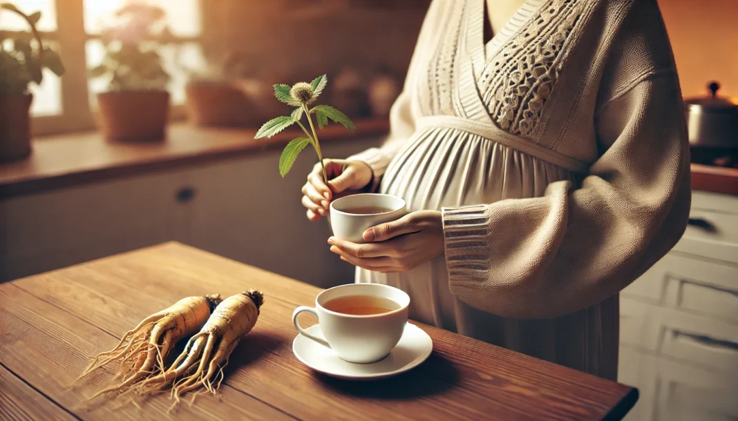 A pregnant woman in a warm, softly lit kitchen, carefully examining a cup of herbal tea with fresh ginseng root beside it, evoking a thoughtful and health-conscious atmosphere.