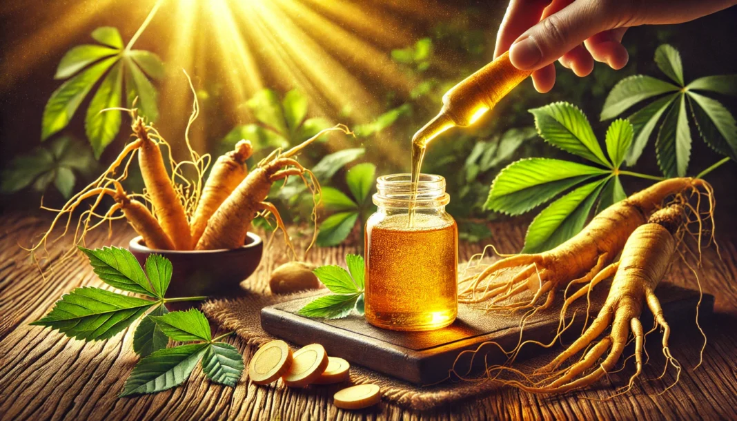 Golden-hued liquid ginseng extract being poured into a glass bottle, surrounded by fresh ginseng roots and green leaves, illuminated by warm natural light, emphasizing purity and potency.
