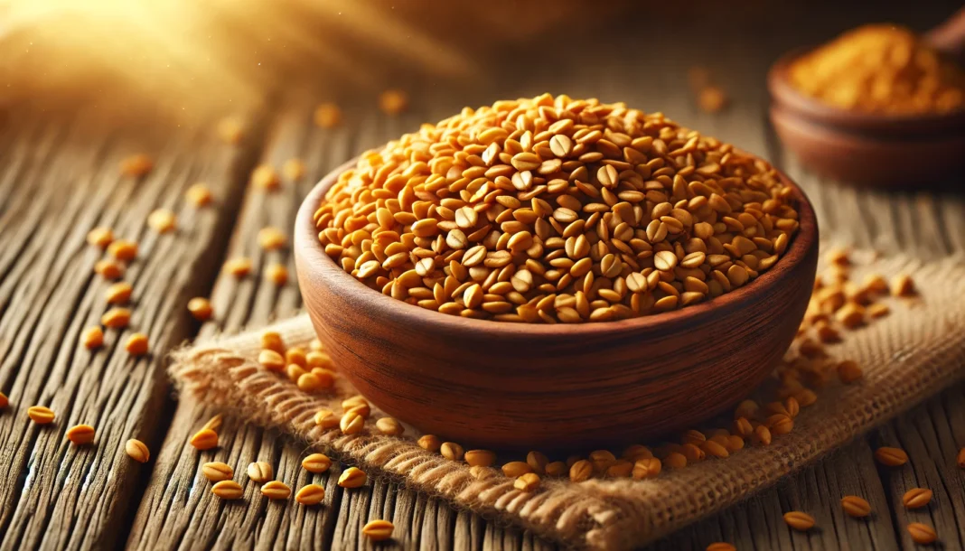A close-up of fenugreek seeds in a wooden bowl, highlighting their golden-brown texture with a rustic background, emphasizing their natural and organic appeal.
