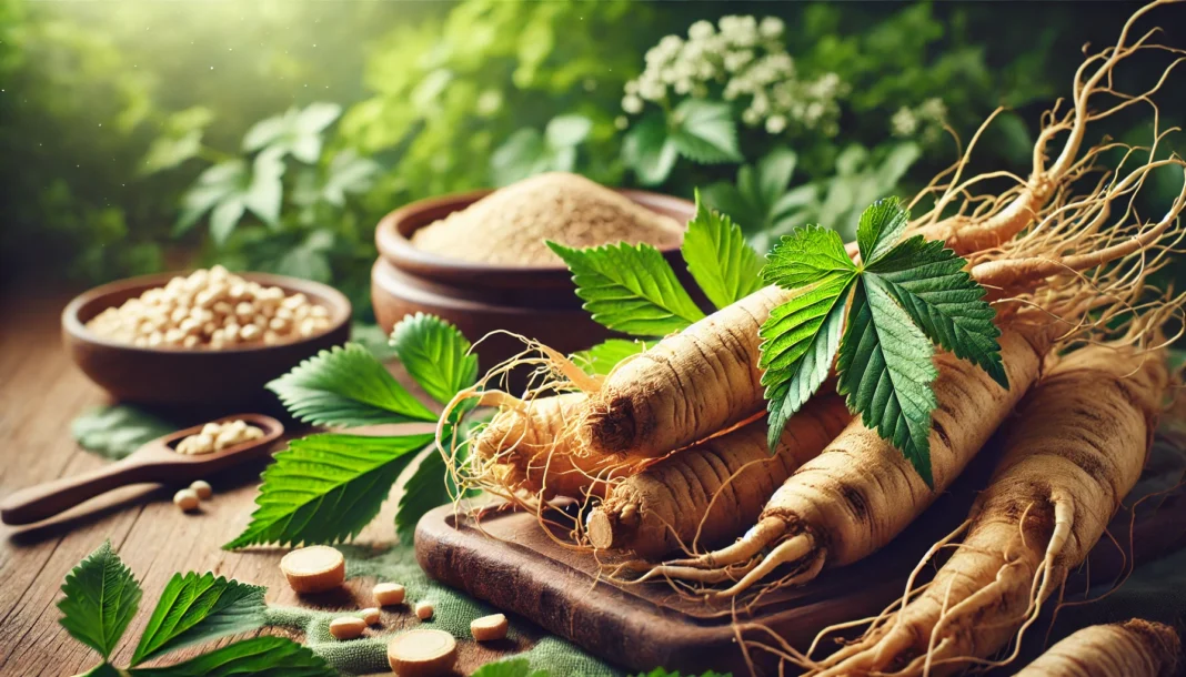 Fresh ginseng roots with an earthy texture, surrounded by vibrant green leaves, symbolizing the natural purity and skincare benefits of this powerful herb.