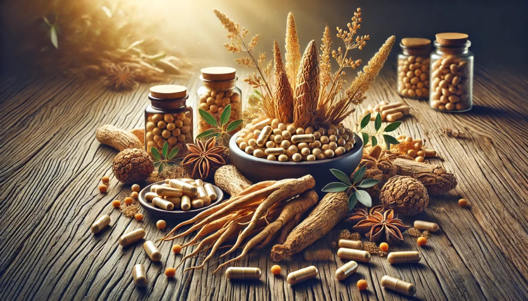 A beautifully arranged composition of Ashwagandha roots and capsules on a wooden surface, illuminated by soft natural lighting, representing premium herbal supplements for stress relief, sleep improvement, and energy enhancement.