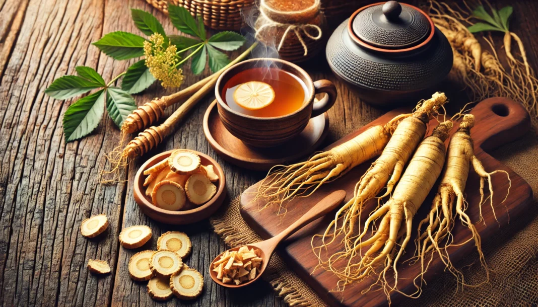 A beautifully arranged flat lay of fresh ginseng roots on a rustic wooden table, accompanied by a steaming cup of ginseng tea with honey and a wooden spoon filled with dried ginseng slices, creating a warm and inviting wellness atmosphere.