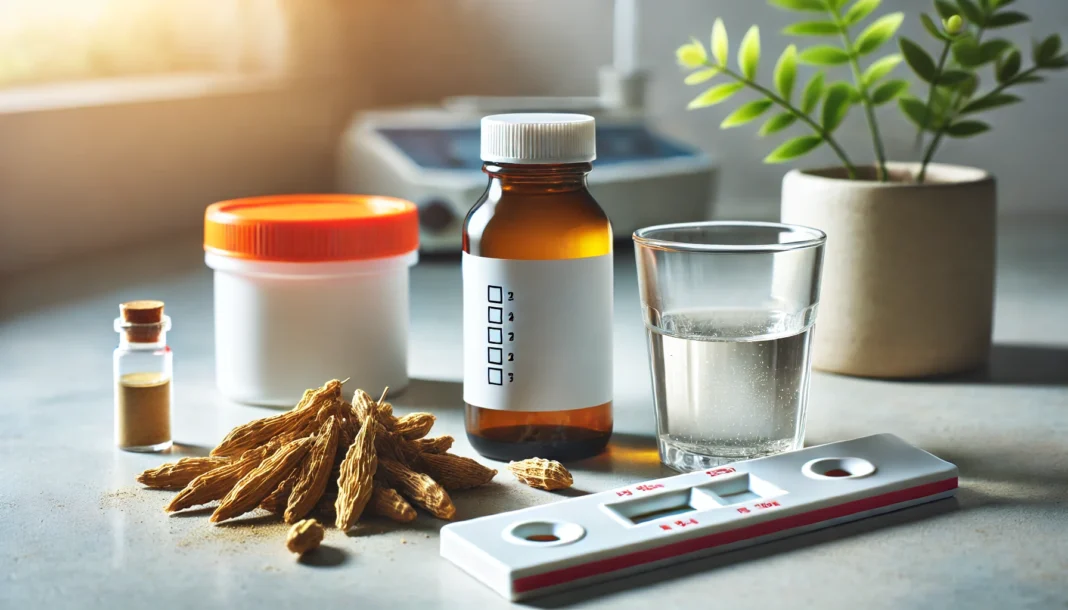 A medical drug test setup featuring a urine sample cup and a test strip, placed next to a bottle of herbal supplements containing ashwagandha roots. The scene is set in a laboratory environment with soft natural lighting, symbolizing the relationship between herbal supplements and drug screening.
