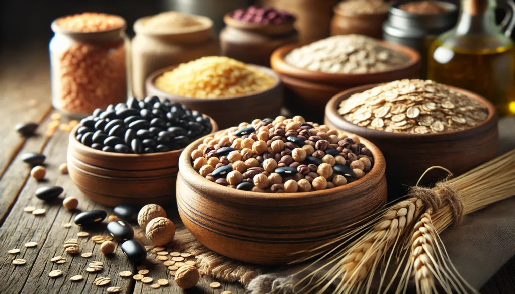 A close-up of fiber-rich legumes and grains, including lentils, chickpeas, black beans, and rolled oats, displayed in wooden bowls on a rustic kitchen counter.