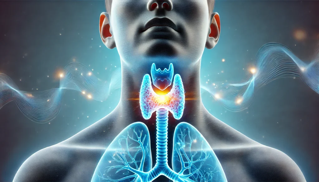 A conceptual digital illustration of a glowing blue thyroid gland within a semi-transparent human neck, surrounded by soft energy waves, representing metabolism, hormonal balance, and thyroid function.