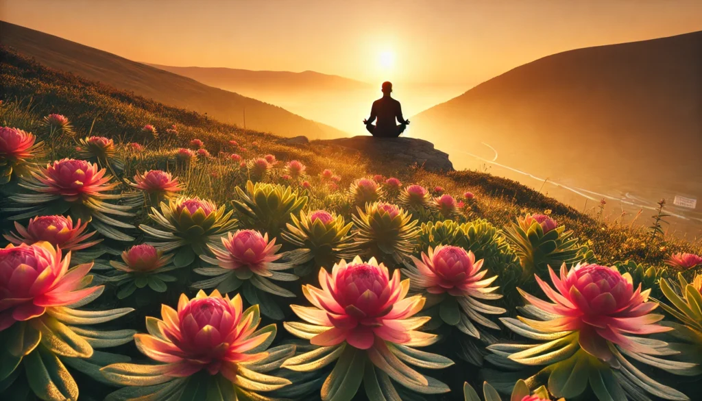 A peaceful sunrise meditation scene on a hilltop, with a glowing field of Rhodiola Rosea plants symbolizing emotional well-being and mental clarity.
