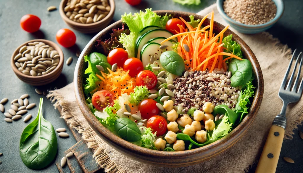 A close-up view of a colorful fiber-rich salad featuring leafy greens, shredded carrots, bell peppers, cherry tomatoes, chickpeas, quinoa, and sunflower seeds in a rustic ceramic bowl, showcasing a fresh and balanced meal.
