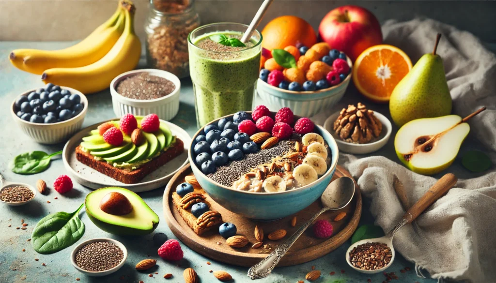 A beautifully arranged breakfast spread featuring fiber-rich foods such as oatmeal with berries, whole grain toast with avocado, and a smoothie made with flaxseeds and spinach.