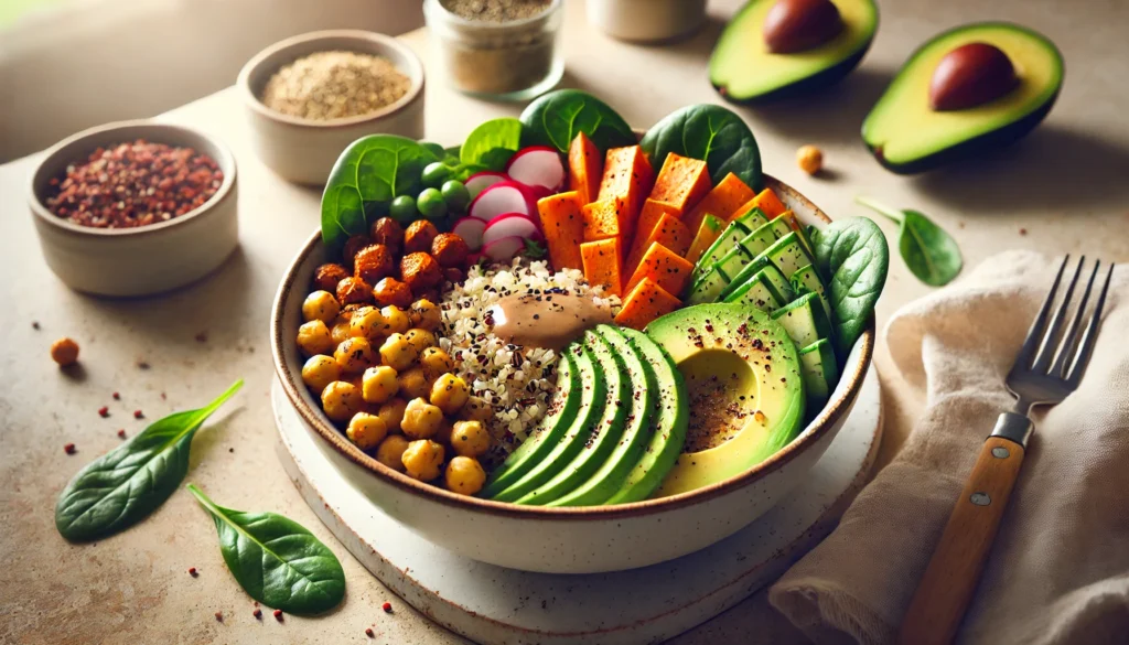 A beautifully plated Buddha bowl filled with quinoa, chickpeas, roasted sweet potatoes, avocado, fresh greens, and tahini dressing, set on a neutral-toned table, representing a nutritious plant-based meal.