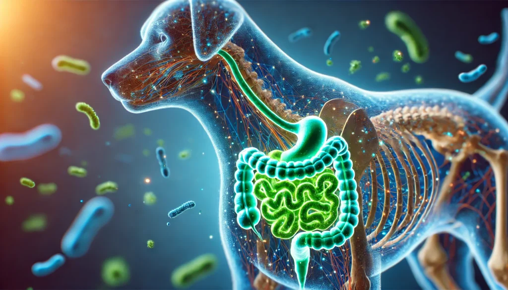 A futuristic visualization of a dog's glowing, healthy gut microbiome, symbolizing balanced digestion and scientific advancements in gut health.