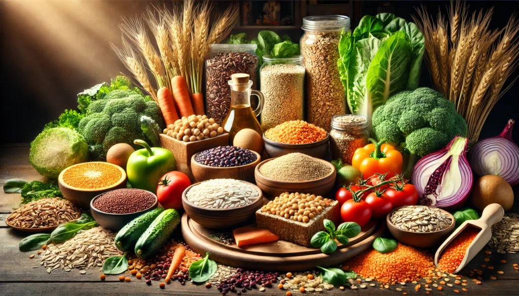 A vibrant assortment of high-fiber carbohydrates displayed on a wooden kitchen counter, including quinoa, lentils, chickpeas, oats, brown rice, and whole wheat bread, surrounded by fresh vegetables like broccoli, carrots, and leafy greens, illuminated with natural light.

