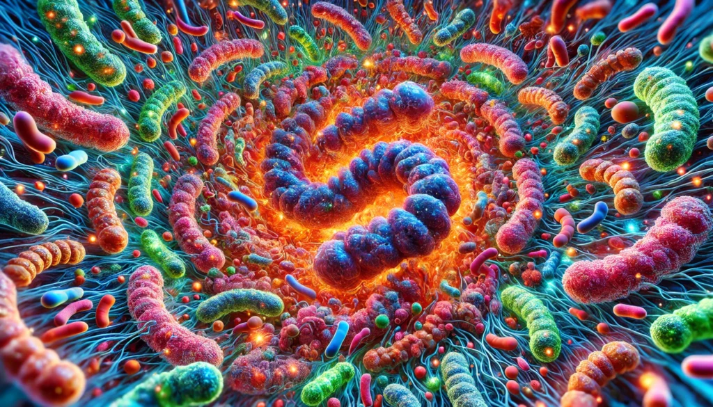 A microscopic, artistic depiction of the gut microbiome, showing colorful, glowing bacteria thriving in a balanced digestive ecosystem.