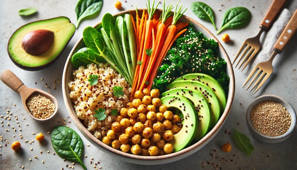 A beautifully arranged high-fiber meal bowl with quinoa, roasted chickpeas, steamed kale, shredded carrots, and avocado slices, garnished with sesame seeds.
