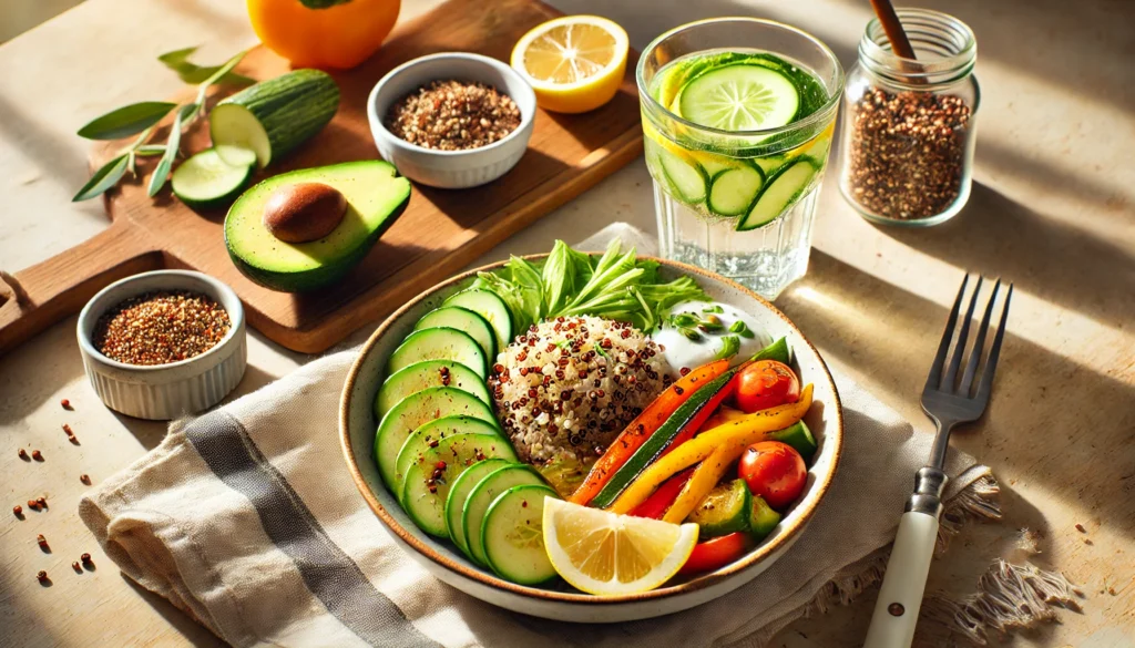 A visually appealing high-fiber meal featuring a plate with quinoa, grilled vegetables, avocado slices, and a side of yogurt, accompanied by a glass of infused cucumber-lemon water in a sunlit kitchen setting.

