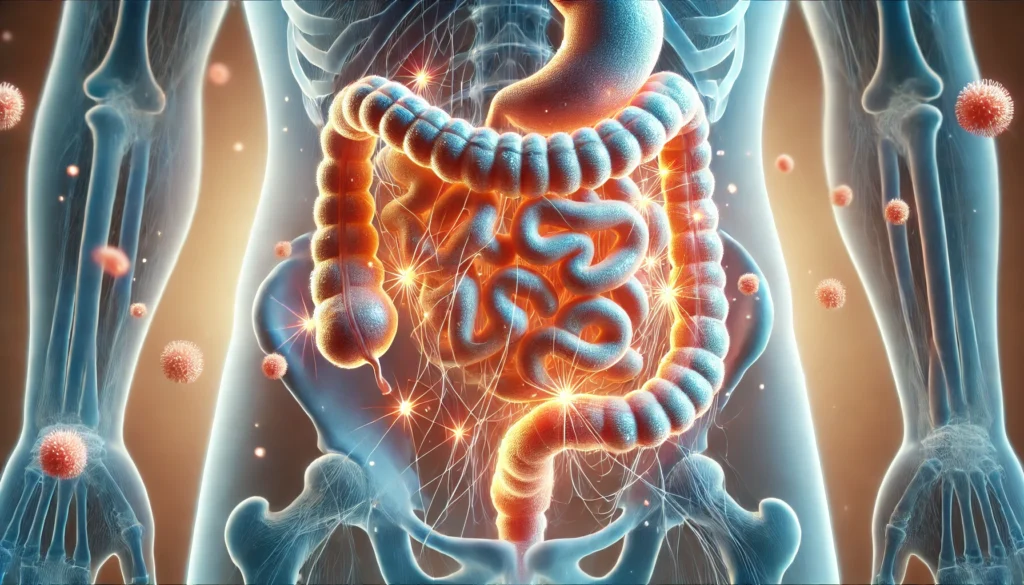 A 3D-rendered illustration of the human digestive system highlighting intestines with glowing fiber strands interacting with beneficial gut bacteria, symbolizing digestive health.