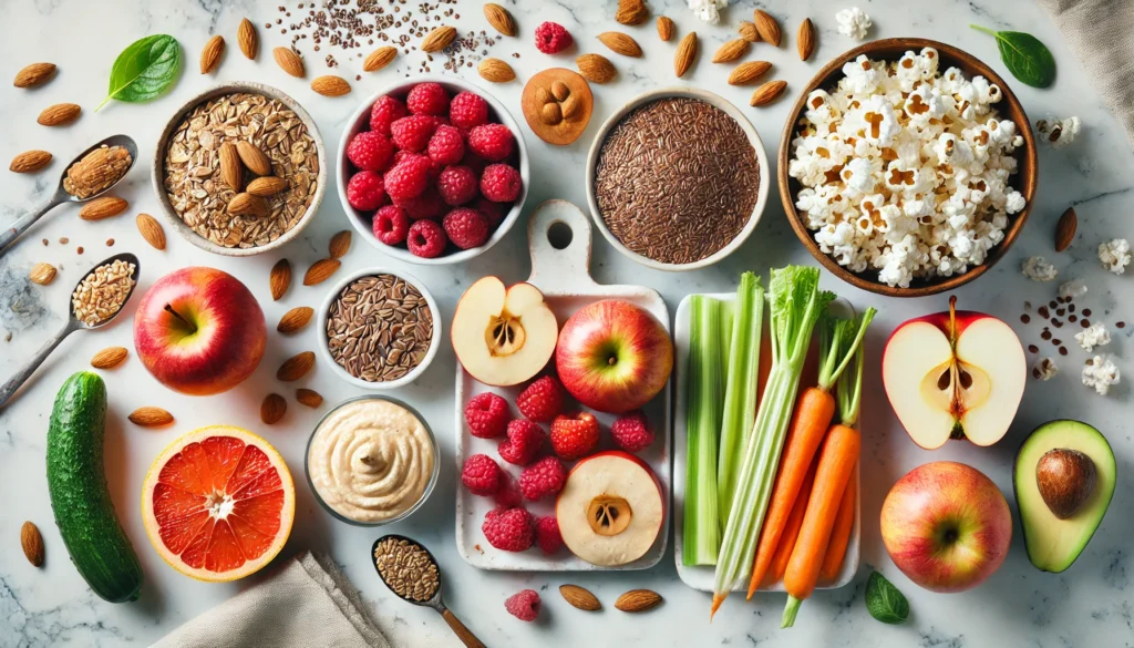 A clean and visually appealing flat lay of gut-healthy, fiber-rich snacks on a white marble surface, featuring fresh raspberries, apples, almonds, flaxseeds, overnight oats, air-popped popcorn, and hummus with carrot and celery sticks.