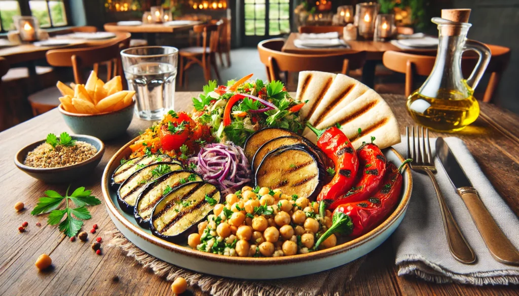 A beautifully plated Mediterranean high-fiber meal featuring grilled eggplant, chickpea salad, tabbouleh, roasted bell peppers, and whole wheat pita in a cozy restaurant ambiance.