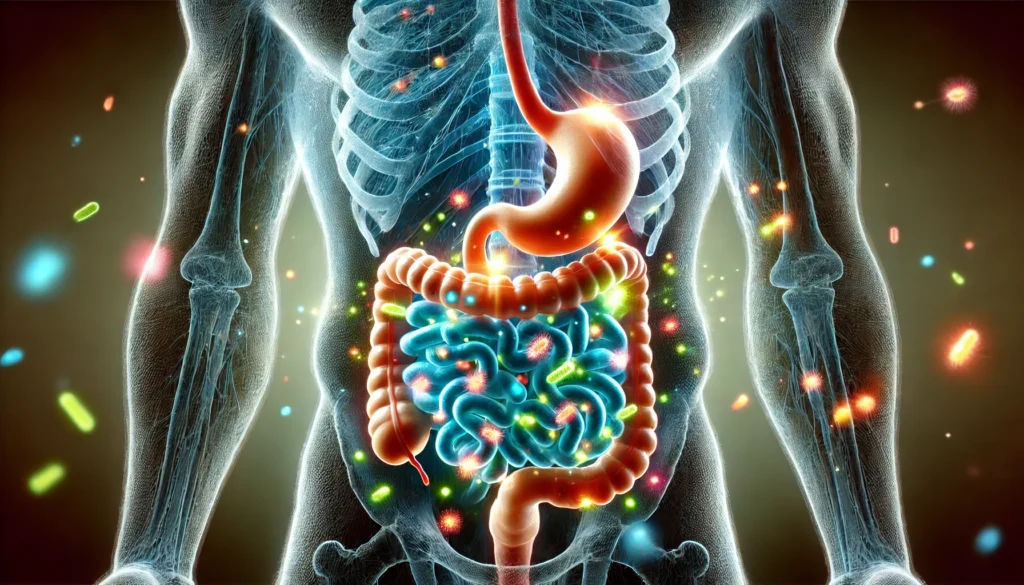 A glowing, artistic visualization of the human digestive system, showcasing a balanced gut microbiome with colorful beneficial bacteria inside the intestines, symbolizing microbiome transformation.