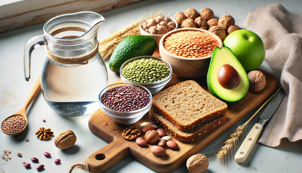 A wooden cutting board displaying high-fiber foods like avocados, lentils, beans, whole grain bread, and nuts, alongside a glass pitcher filled with water on a clean kitchen counter.