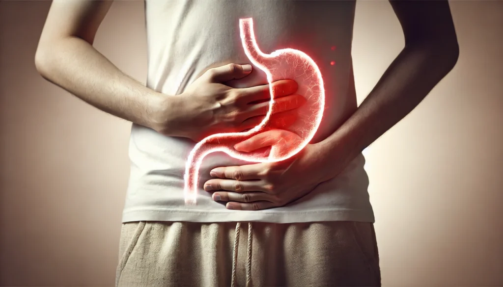 A conceptual image of a person holding their bloated stomach, symbolizing discomfort from excessive fiber intake. The background is neutral, with a subtle glow effect on the abdomen to highlight digestive distress.