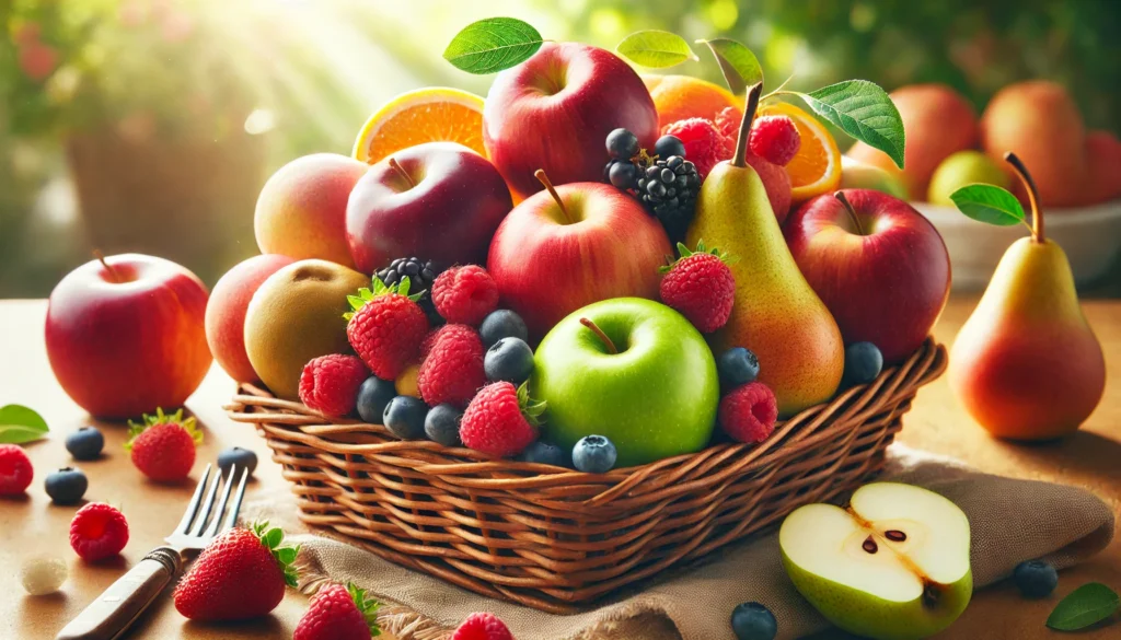 A close-up of fresh, fiber-rich fruits like apples, pears, and berries placed in a woven basket, bathed in warm natural sunlight for an organic and fresh appearance.