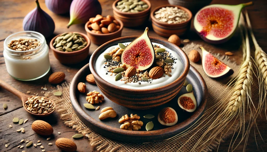 A rustic ceramic bowl filled with creamy Greek yogurt, garnished with fiber-dense toppings such as nuts, seeds, and sliced figs, placed on a wooden table with an organic, wholesome ambiance.