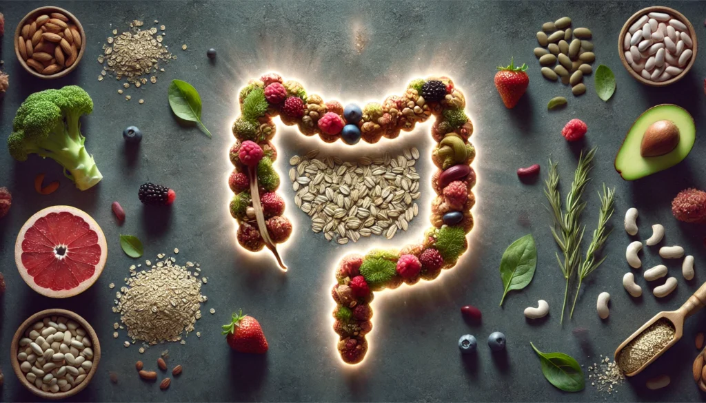 A conceptual image where fiber-rich foods, including oats, berries, beans, and leafy greens, form the shape of an intestine, visually representing gut health and the anti-inflammatory benefits of fiber.