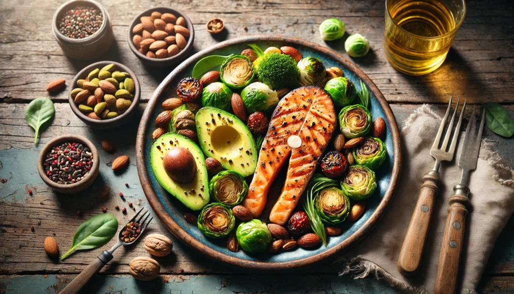 A beautifully arranged high-fiber Paleo meal featuring grilled salmon, roasted Brussels sprouts, avocado slices, and a side of mixed nuts and seeds on a rustic kitchen table.

