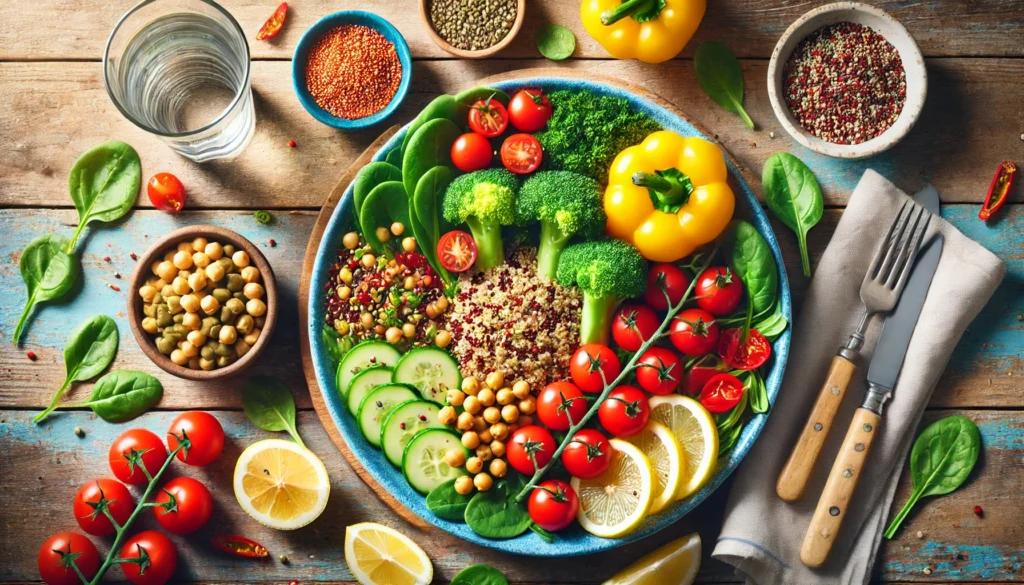 A beautifully arranged spread of fiber-rich, plant-based foods such as apples, pears, kale, carrots, Brussels sprouts, oats, and lentils on a dark slate background.