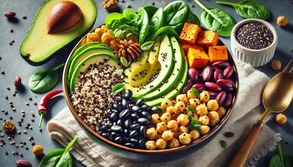 A vibrant assortment of high-fiber foods displayed on a rustic wooden table, featuring fresh fruits such as apples, berries, and oranges, vegetables like carrots and leafy greens, legumes including beans and lentils, and whole grains such as quinoa and oats. The colorful arrangement highlights the variety and nutritional richness of fiber-rich foods.

