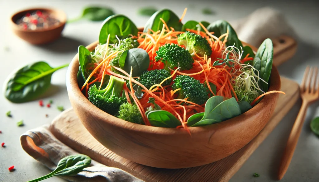 A close-up of a colorful salad with shredded carrots, chopped broccoli, and leafy greens in a wooden bowl, highlighting the fibrous textures and freshness of the vegetables.
