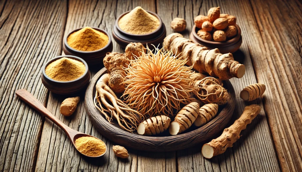 close-up view of Rhodiola rosea and Ashwagandha roots arranged on a wooden surface. Rhodiola roots are golden-brown and twisted, while Ashwagandha roots are slender and light beige. Small glass bowls filled with their powdered extracts surround them, highlighting their traditional and modern medicinal applications.